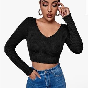 Black Ribbed Long Sleeve Top
